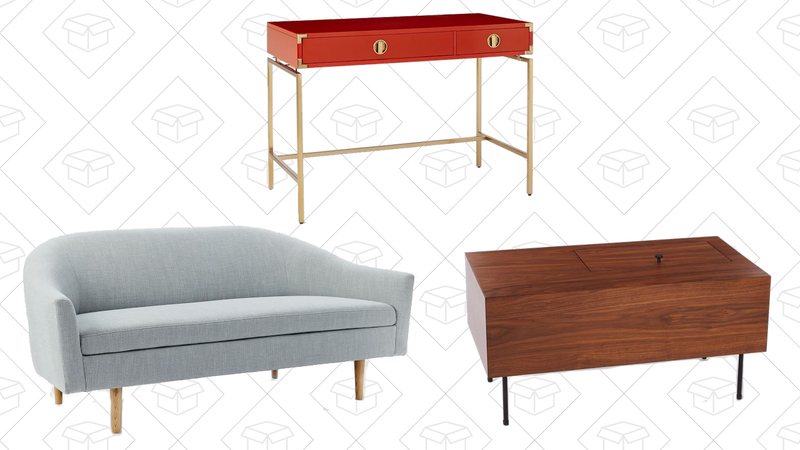 Billie Sofa, $512 | Malone Campaign Desk, $320 | Commune Low Wooden Side Table, $200
